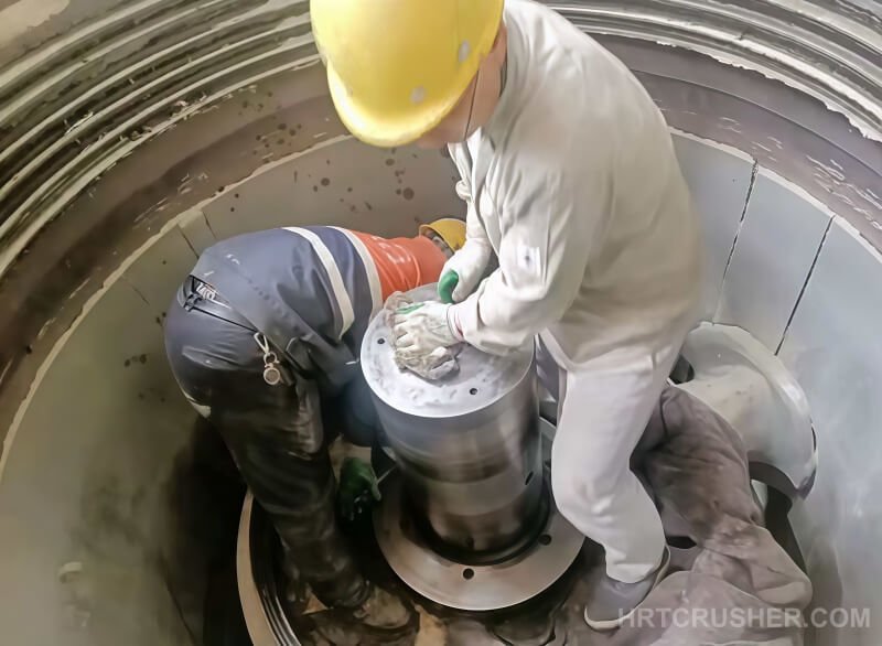 On-site technician cleaning and inspecting HP500 eccentric assembly after installation
